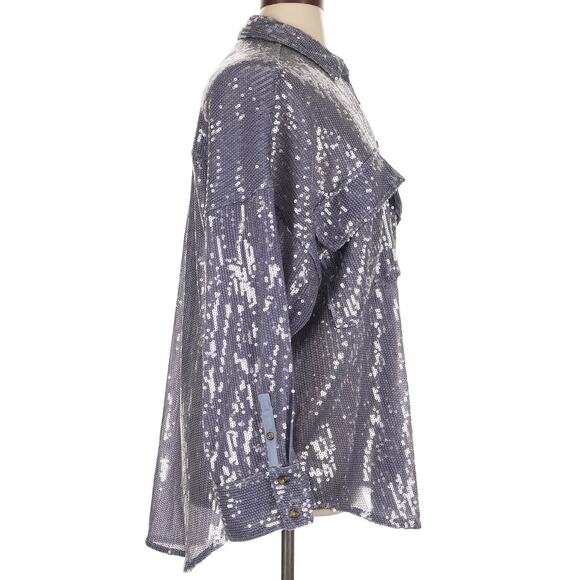 Anthropologie Pilcro Blue Sequin Oversized Button Up Blouse Size XL NEW - Picture 8 of 16